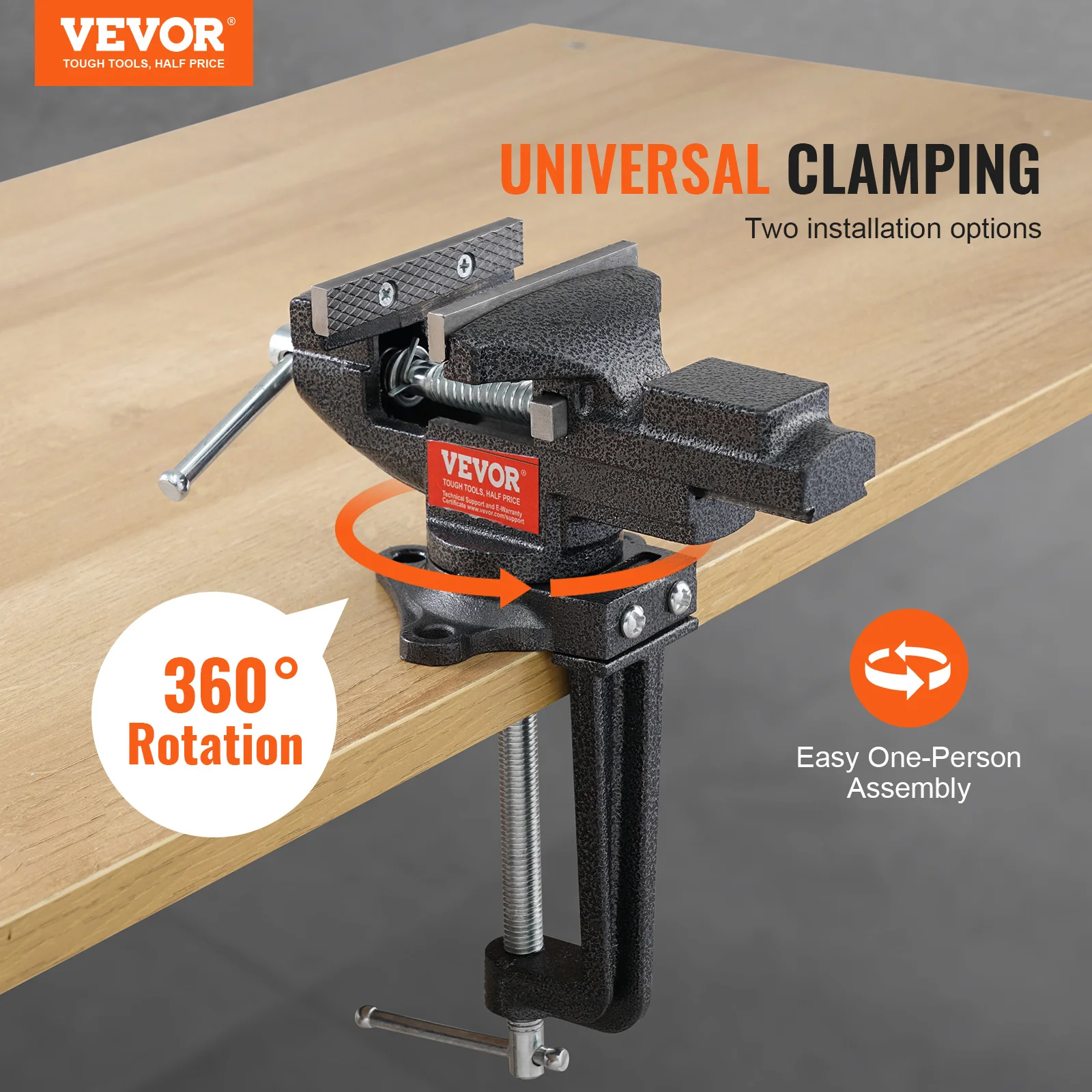 VEVOR Bench Vise 2.2 inch Multifunctional Dual-Purpose Table Clamp-on Vise W/360° Swivel Base for Woodworking DIY  Workbench 2