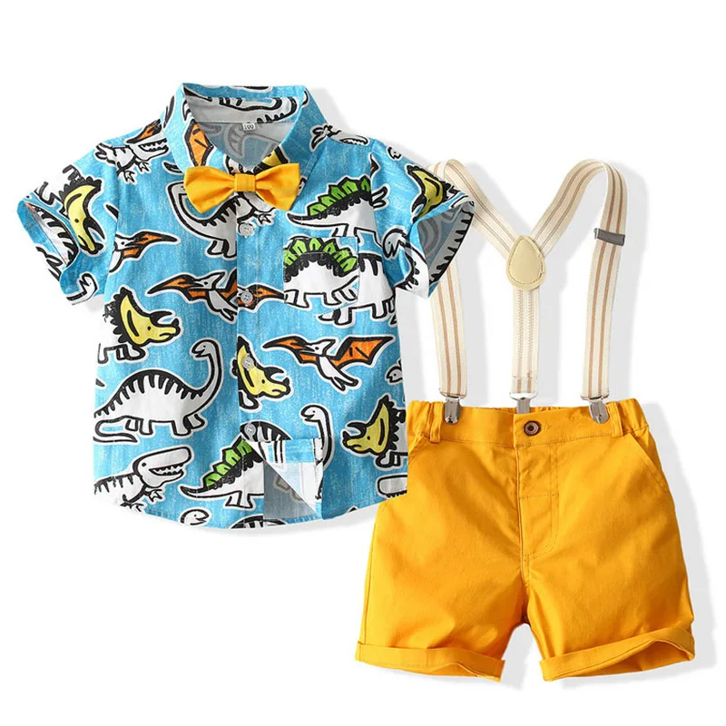 

Baby Boys Clothes Set Summer Boys Short Sleeve Cartoon Print Bow Shirt+Suspenders Shorts Gentleman 2Pcs Suit Kids Clothing
