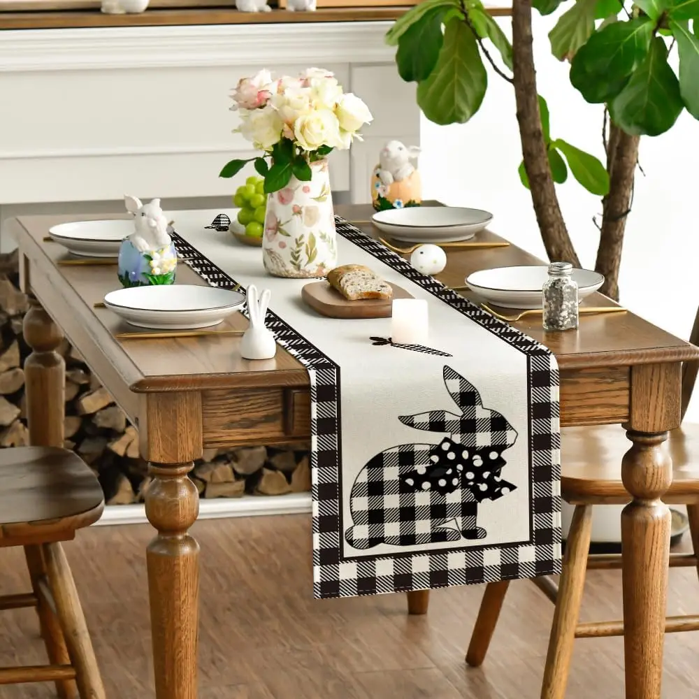 Spring Easter Rabbit Carrots Buffalo Plaid Linen Table Runner Washable Farmhouse Kitchen Dining Table Runner Easter Decorations 3