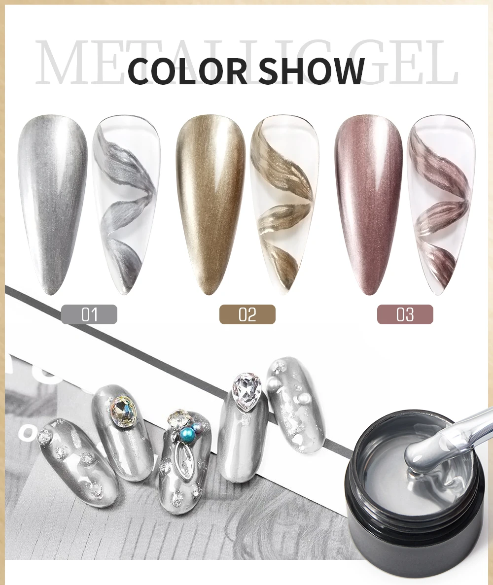 Description Picture 3 of itemPUENTE Metallic Painting Gel Polish For Nail Art Soak Off Gel Nail Polish 5ml Gold Silver Mirror Glitter UV Nail Gel Varnish