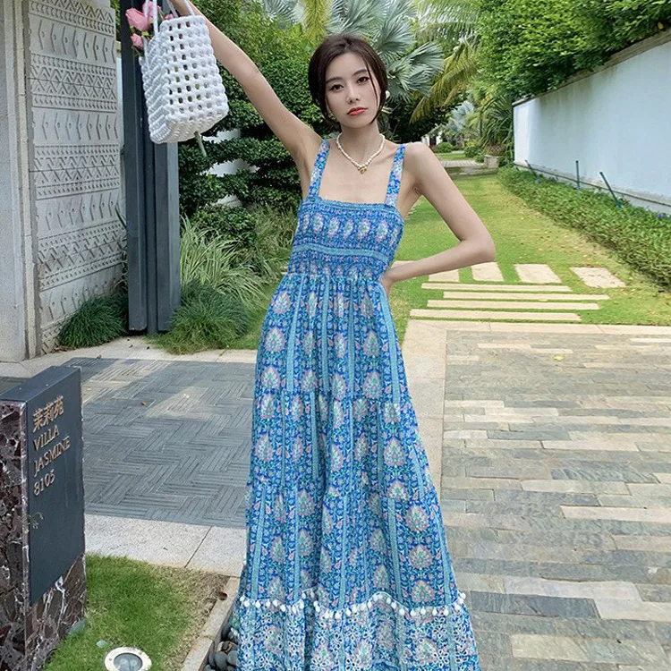 

Summer Dress for Women 2023 New Design Blue Print Long Beach Bohemian Style Backless Dresses