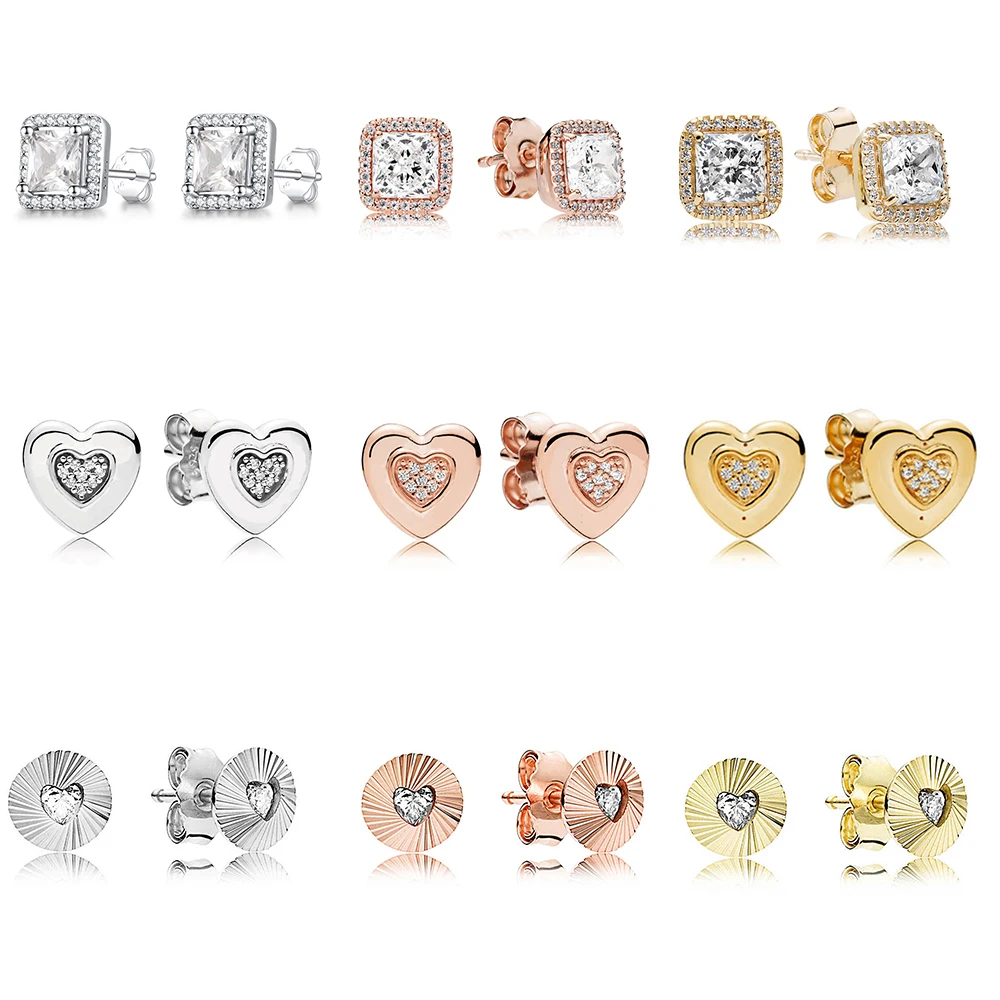 

1 Pair 925 Sterling Silver Earrings Square Shape Love Heart Earrings Diy Rose Gold For Women Wedding Party Jewelry Gift