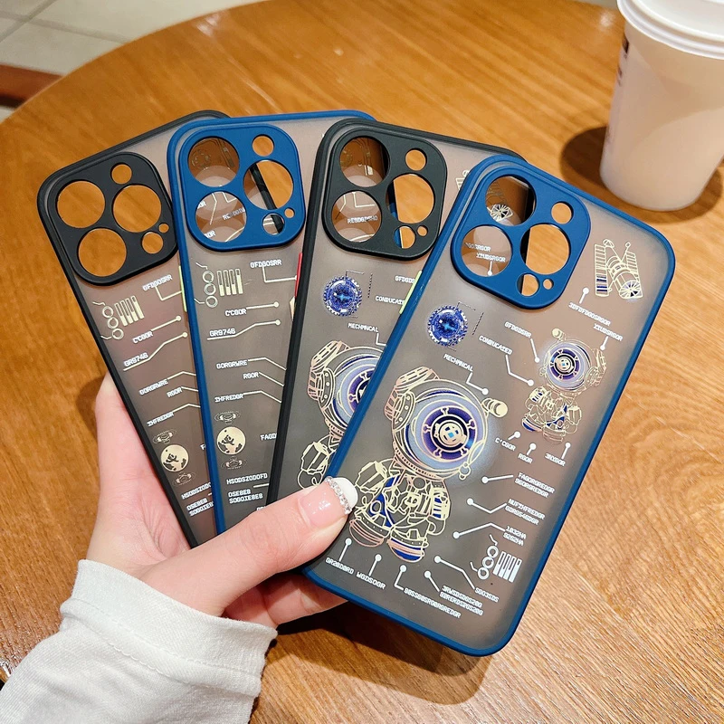 For iPhone 13 12 11 Pro Max XS Max XR X 7 8 Plus SE 2022 Matte Circuit Pattern Acrylic Phone Case Shockproof Soft Bumper Cover cute iphone 13 mini case