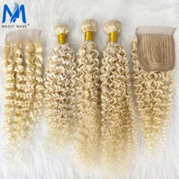 3/4 Bundles with Lace Closure 613# Blonde Jerry Curly Human Hair Bunldes with T Part Lace Closure Human Hair Weave Extension 1