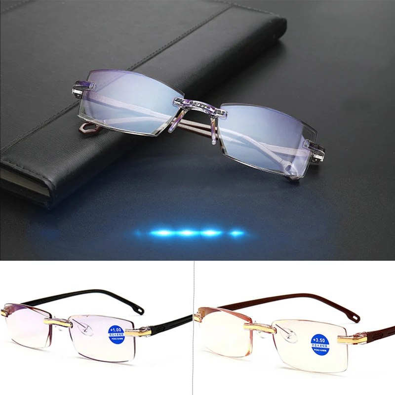 Gafas de lectura de rayos azules para hombre y mujer, lentes antifatiga para presbicia, corte de diamante, sin montura, dioptrías + 2021-+ 1,0, 4,0