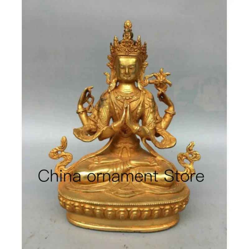 

Ancient Temple Tibetan Buddhism Bronze Gilded Chenrezig Kwan-yin 4Arms Tara Statue