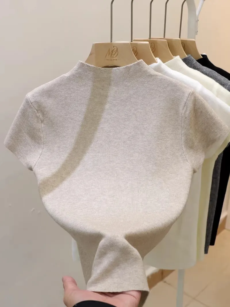Half Turtleneck Short Sleeve Sweater Women, Solid Elegant Knitted Pullover, White Slim Tops