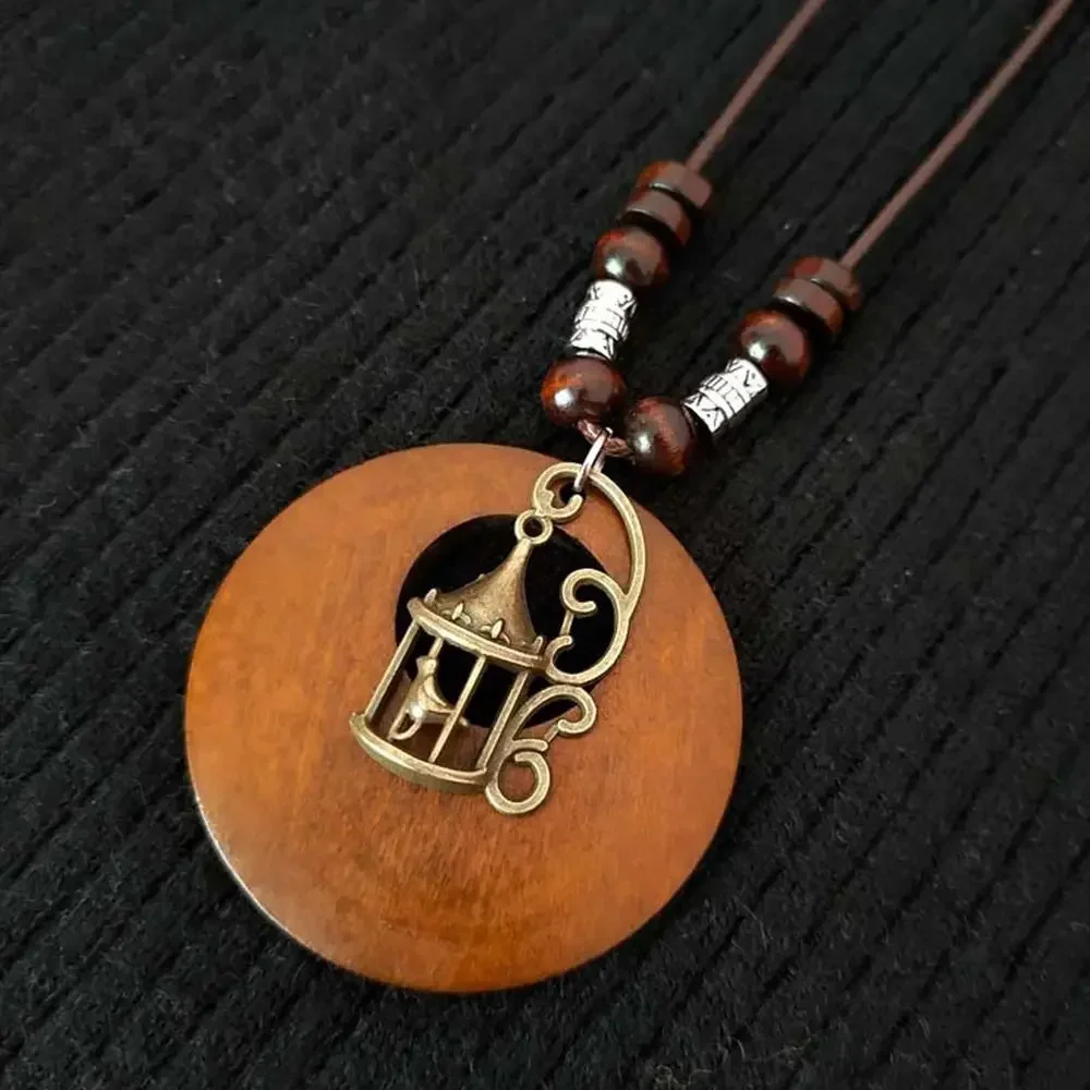 Vintage Wooden Owl Pendant Necklace - Ethnic Long Chain Jewelry