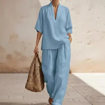2026 Spring and Summer New European and American Style Ladies' Solid Color Comfortable Minimalist Linen Two-Piece Set 1
