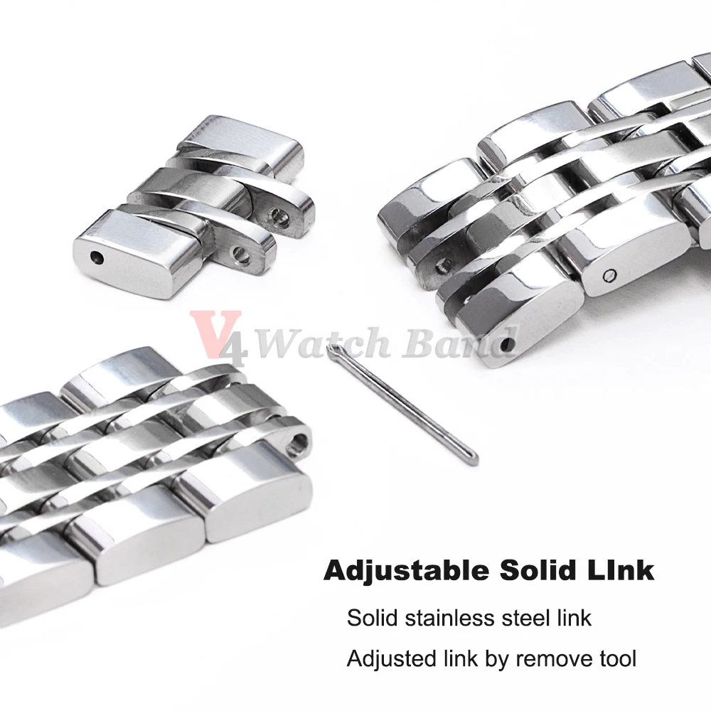 Elegant Solid Stainless Steel Curved Flat Metal Watch Strap (Multiple Width Options)