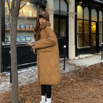 Winter Women Pink Fur Collar Long Parkas Pocket Female Warm Oversize Rhombus Pattern  Cotton Overcoat Single Breasted Outwears
