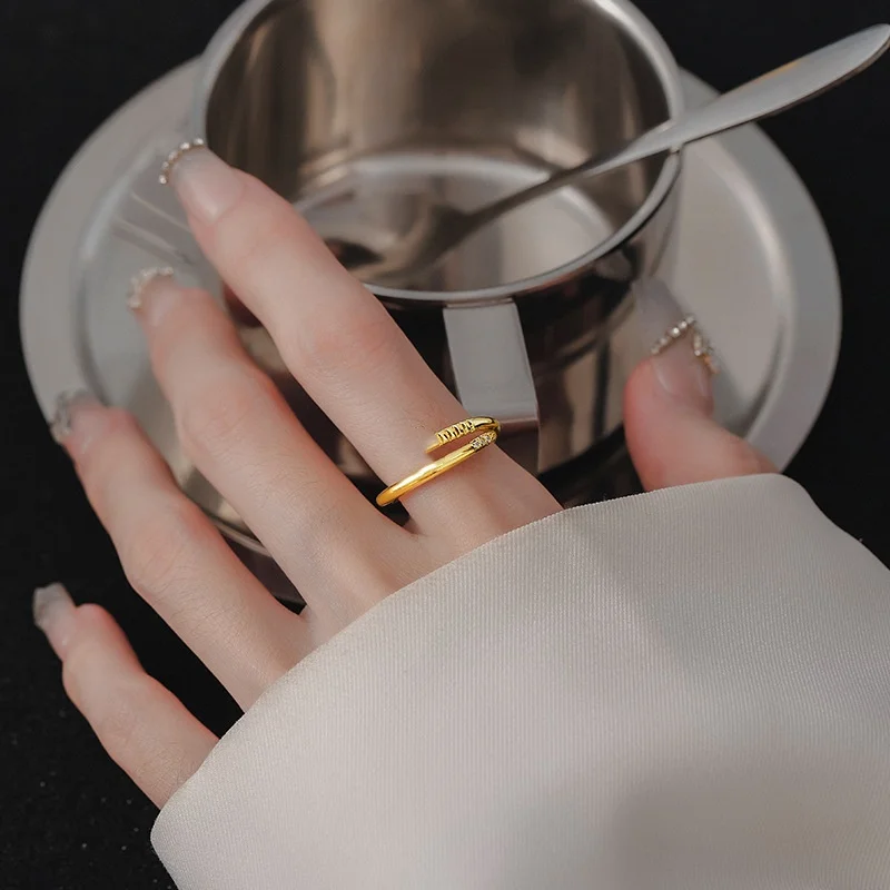 14K Gold Plated Shiny Zircon Nail Ring for Women Light Luxury Adjustable Rings Birthday Jewelry Gifts