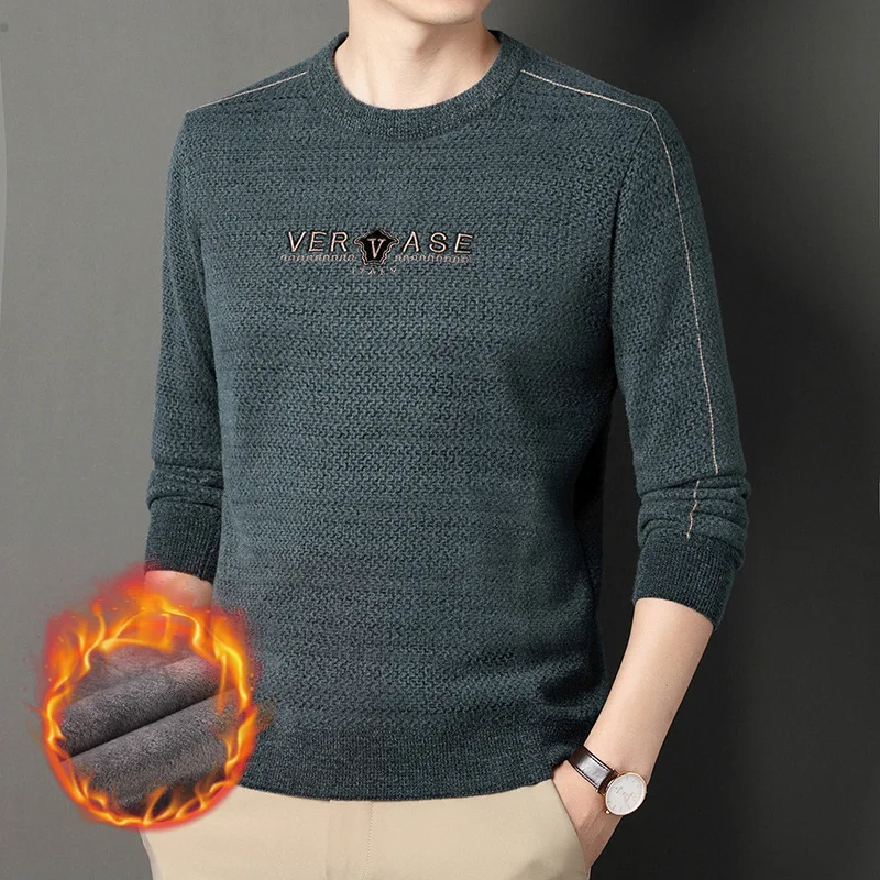 

New Men's Ferret Fur round Neck Sweater Fleece-lined Thick Warm Sweater Men's Pure Color Thickened Sweater Men