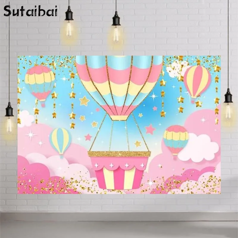 Pink Hot Air Balloon Sky Cloud Twinkle Little Star Background Girls 1St Birthday Party Cake Smash Decor Backdrop Photo Studio