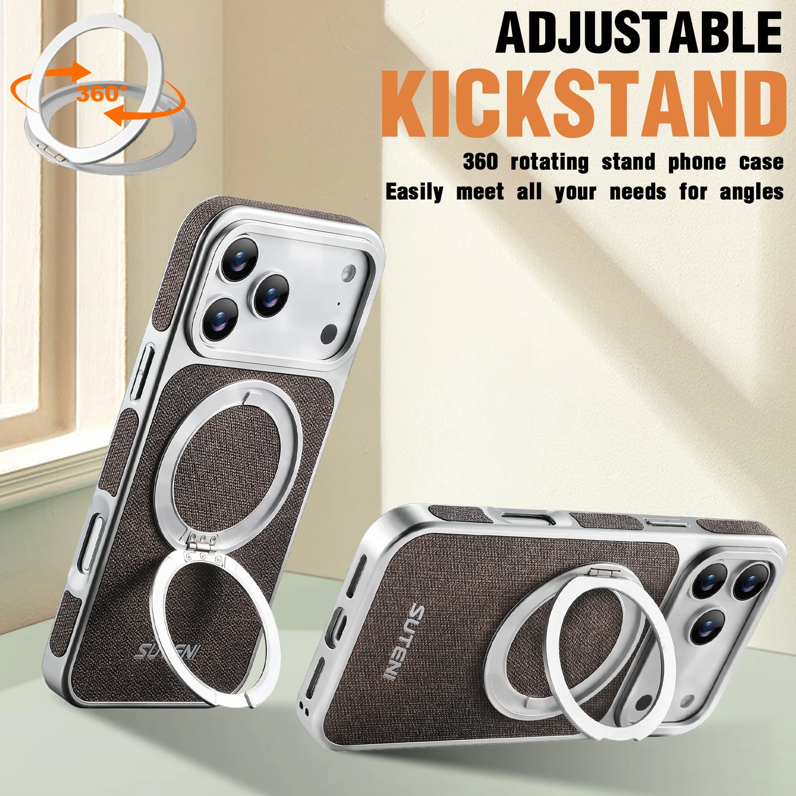 Leather Magnetic Phone Case with 360° Rotating Stand & Wireless Charging Compatibility
