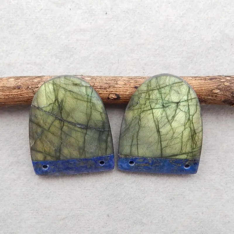 Fashion Jewelry Natural Stone Lapis Lazuli And Labradorite Double Holes Earring Bead Accessories For Women 27x22x6mm 12g