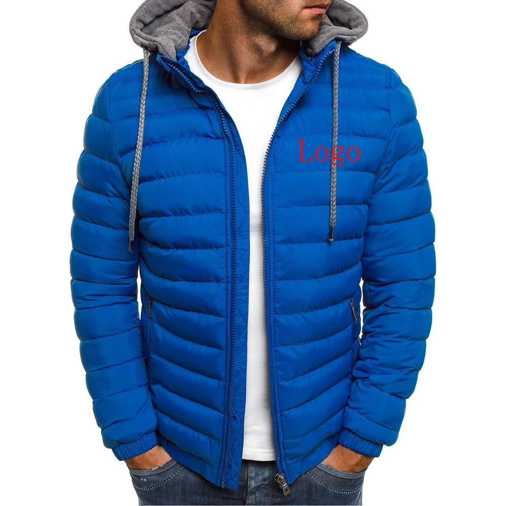2023 autumn and winter new custom Logo printing zipper thick warm cotton fashion coat men's hat solid color cotton-padded jacket
