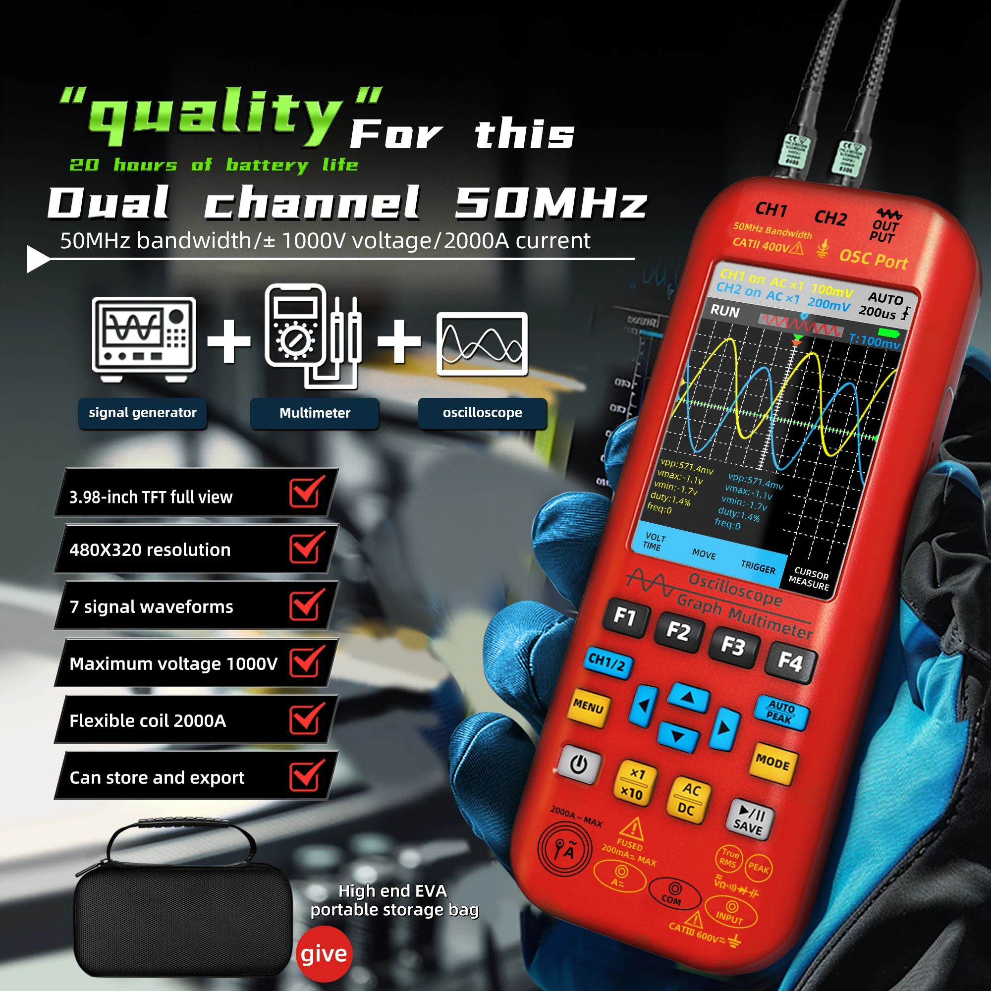 BSIDE NEW Handheld Oscilloscope Digital Multimeter+Function Signal Generator 3-IN-1 Dual Channel 50MHZ*2 250MS/s Graphic Meter 2
