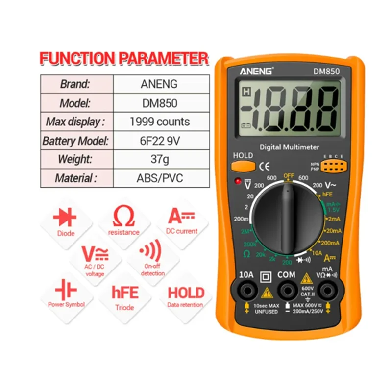 DM850 1999 카운트 디지털 멀티미터 전기 전문 자동 AC/DC 전압 테스터 디지털 멀티미터 오렌지