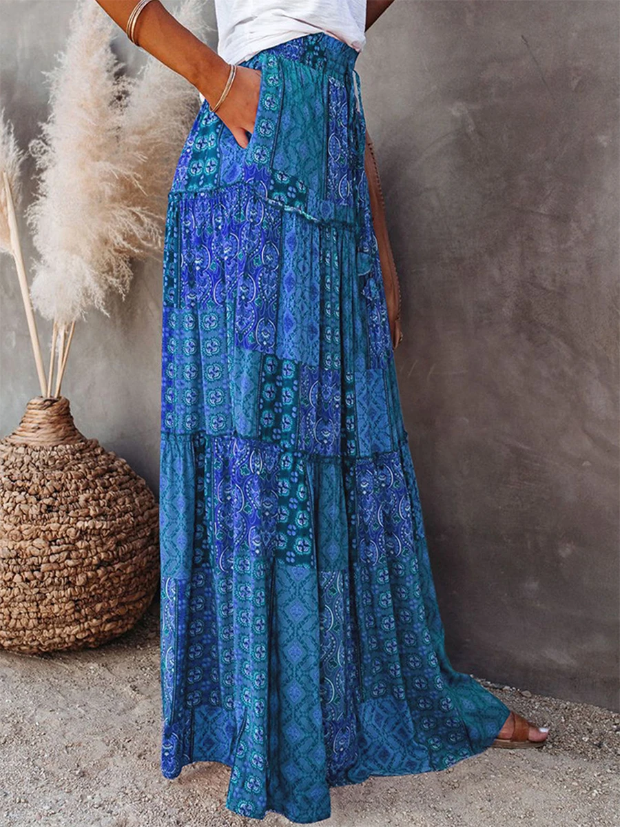 Women Bohemian Long Skirts Vintage Long Maxi Elastic High Waist