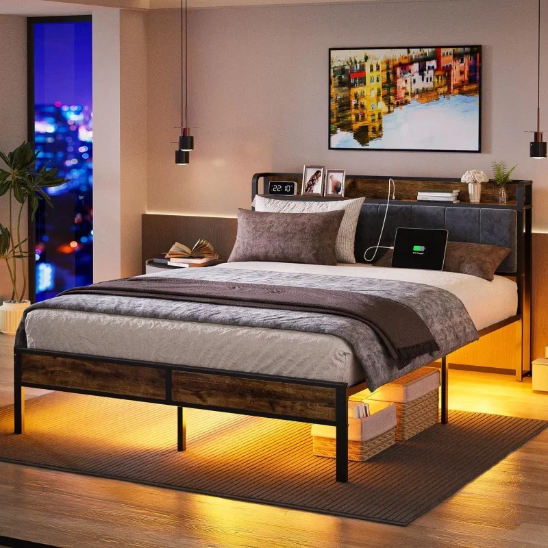 

Queen Bed Frame with Headboard & LED Light, Type C & USB Charging Station, Platform Metal Queen Size with Heavy Duty Ste