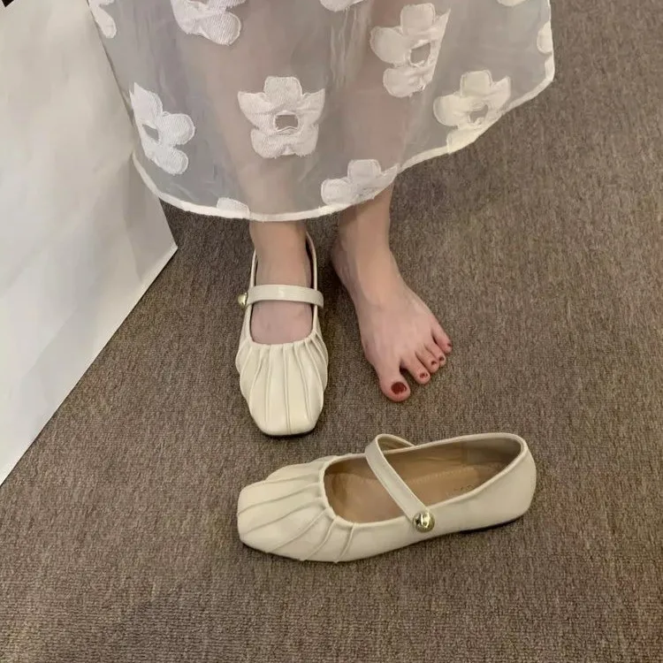 Simple Gentle Style Flat Heel Low Heel Pleated Mary Jane Single Shoes Spring Autumn  Flat Buckle Granny Shoes