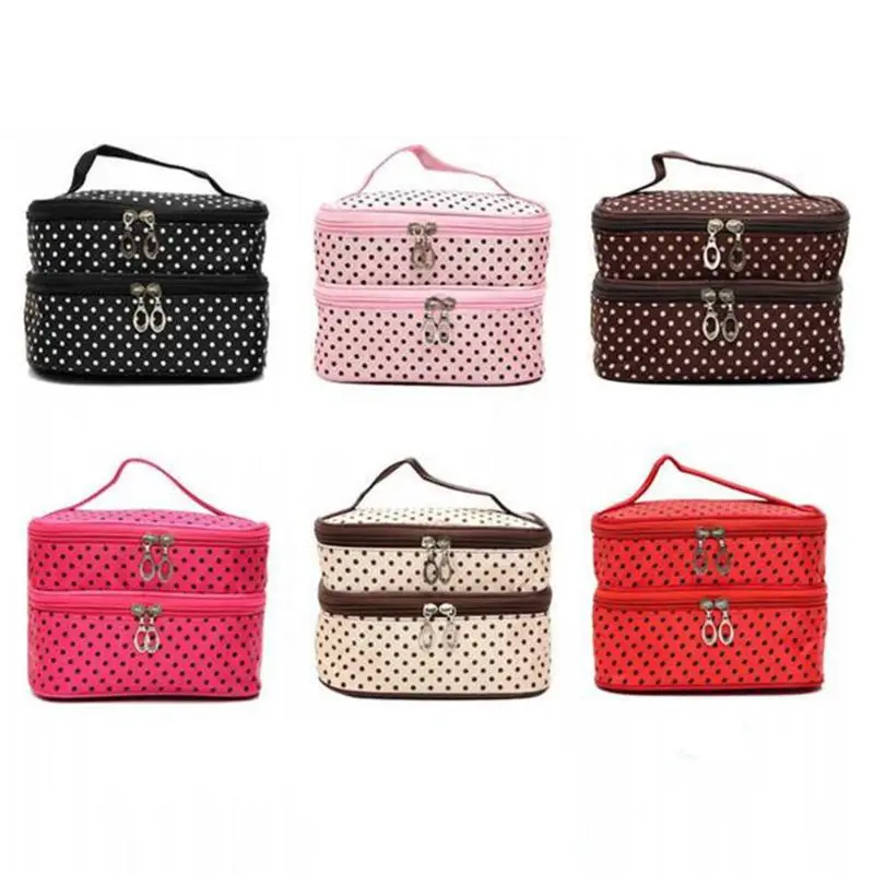 

Women Travel Cosmetic Polka Dots Makeup Double Layer for Case