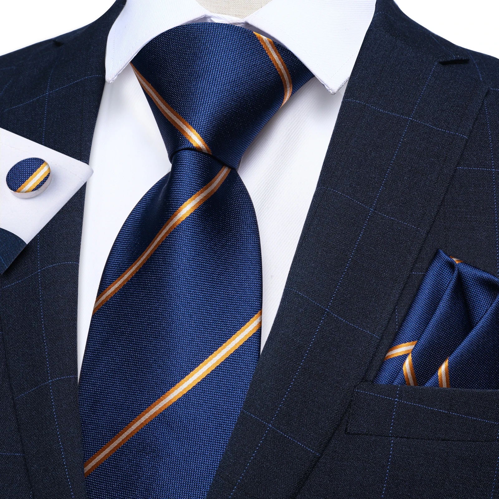 

Синие золотые полосатые шелковые галстуки для мужчин 8 см деловой Свадебный шейный галстук носовой платок запонки аксессуары подарок