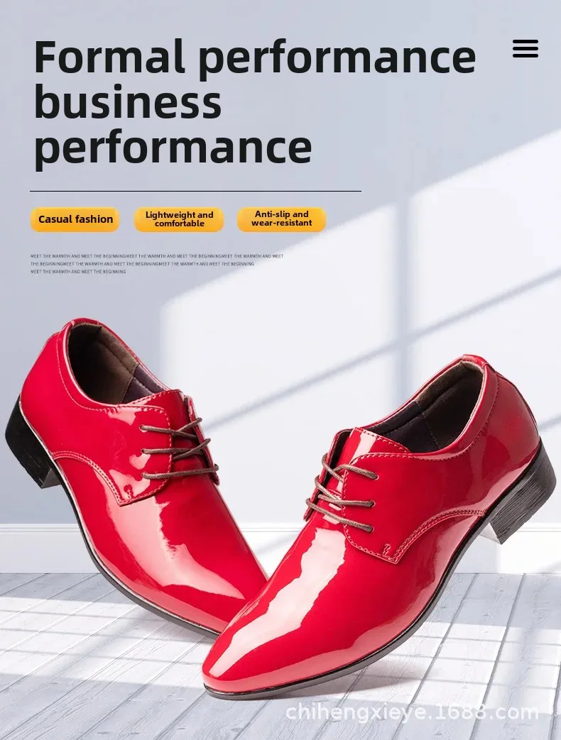Men's formal business shoes with a red lacquer finish and pointed toe.