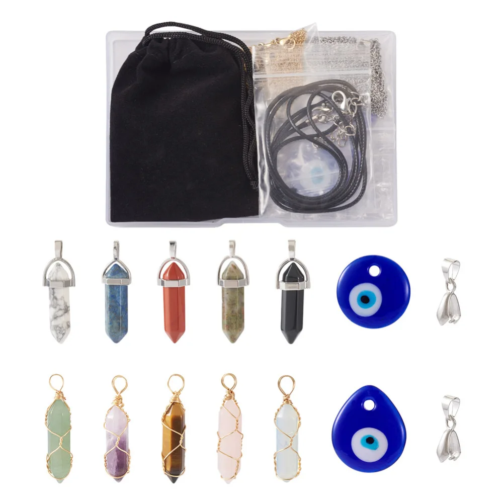 Natural Stone Pendant Synthetic Gemstone Pendants for Women Necklace DIY with Blue Lampwork Evil Eye Charms Jewelry Making Kits