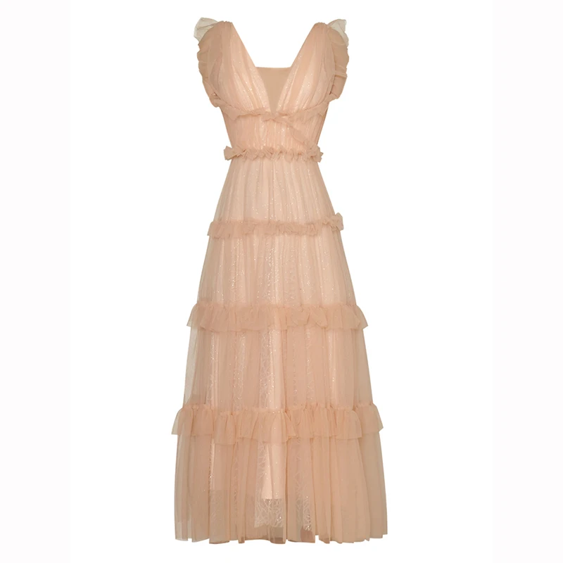 

Summer Long Mesh Dress V-Neck Butterfly Sleeve Ruffles Party Backless Dresses For Women 2023 Runway Luxury Brand Elegant