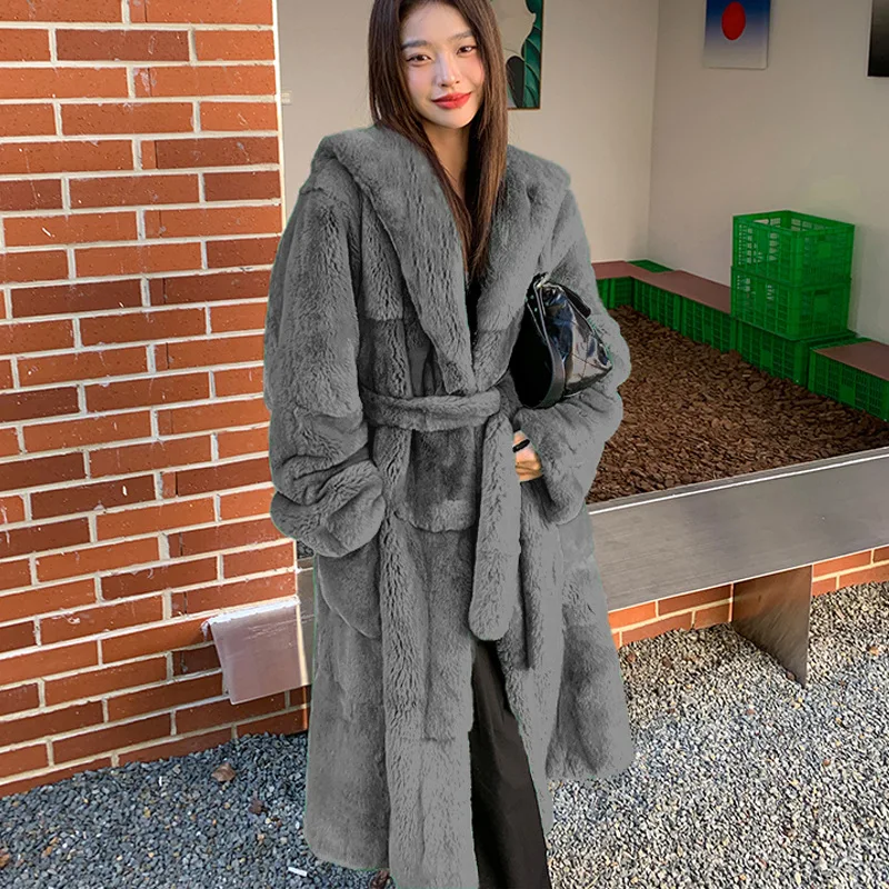 Luxury Brand Winter Long Fur Coat Women Warm Thick Faux Fur Jacket Hooded Chic Long Coat Lace-up Long Sleeve Outerwear New