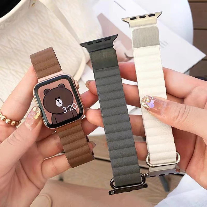 

Leather Magnetic Strap for Apple Watch Band 44mm 40mm 41mm 45mm 42mm 38mm Metal Wristband Bracelet IWatch Series 3 5 4 SE 6 7 8