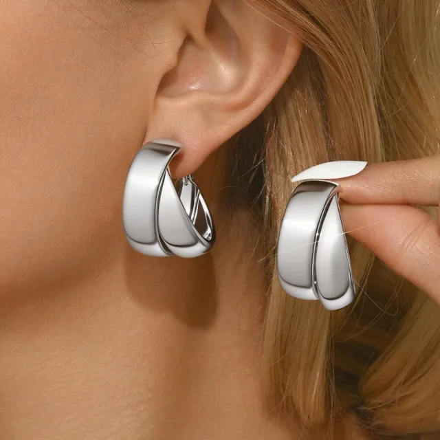 Pendientes de aro Vintage de acero inoxidable de doble capa para mujer, pendientes redondos geométricos a la moda, joyería de fiesta 3