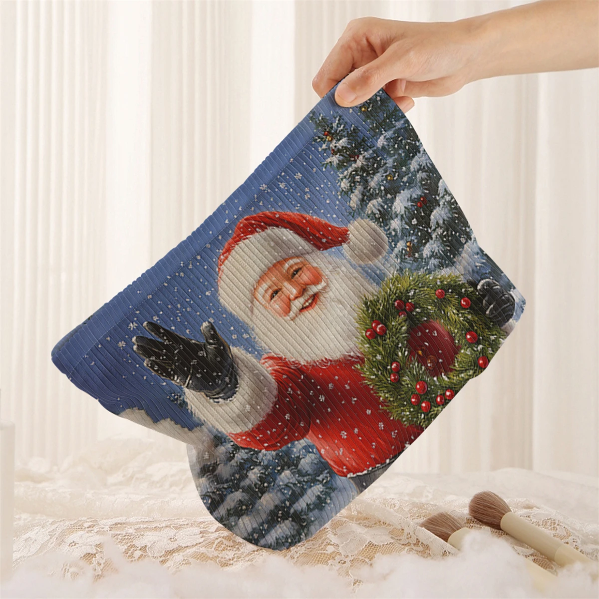 1 Christmas themed corduroy makeup bag, lightweight zipper makeup storage box, multifunctional bag with lining
