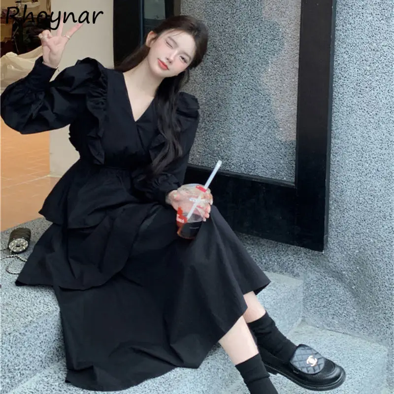 

Black Dresses Women Vintage Tierred Designed V-neck Princess Autumn Lantern Sleeve Aesthetic Gentle Pretty Vestidos Temperament