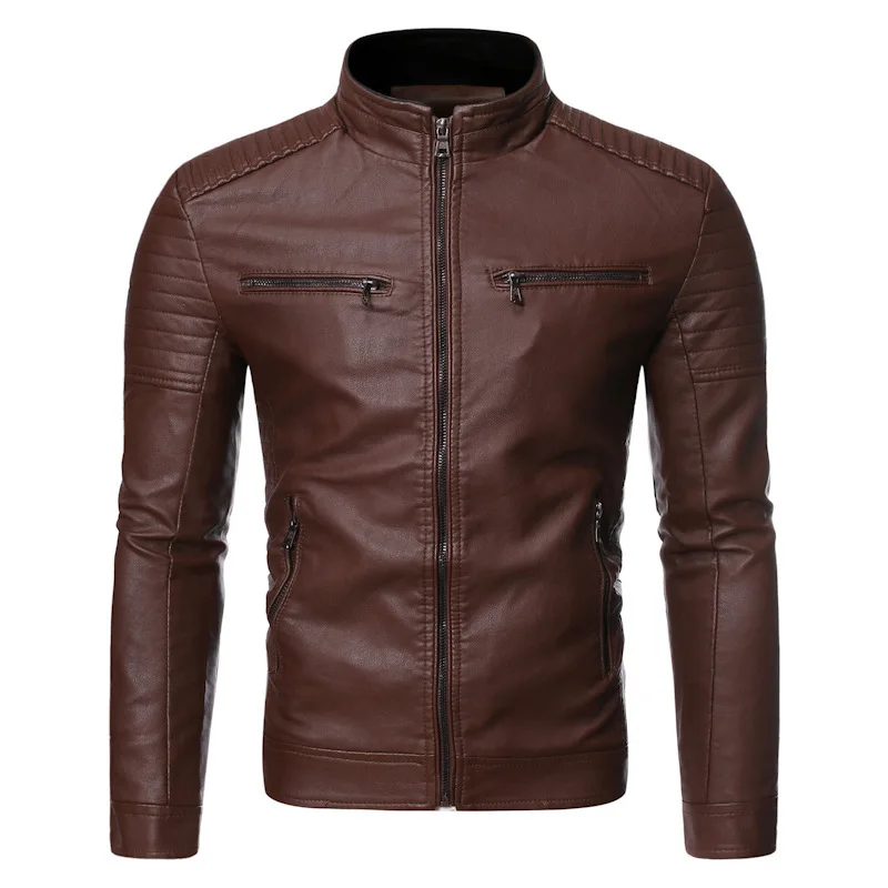 Men's Leather Jacket Spring and Autumn Season Thin Standing Collar Stripe Double Zipper PU Leather Jacket Motorcycle