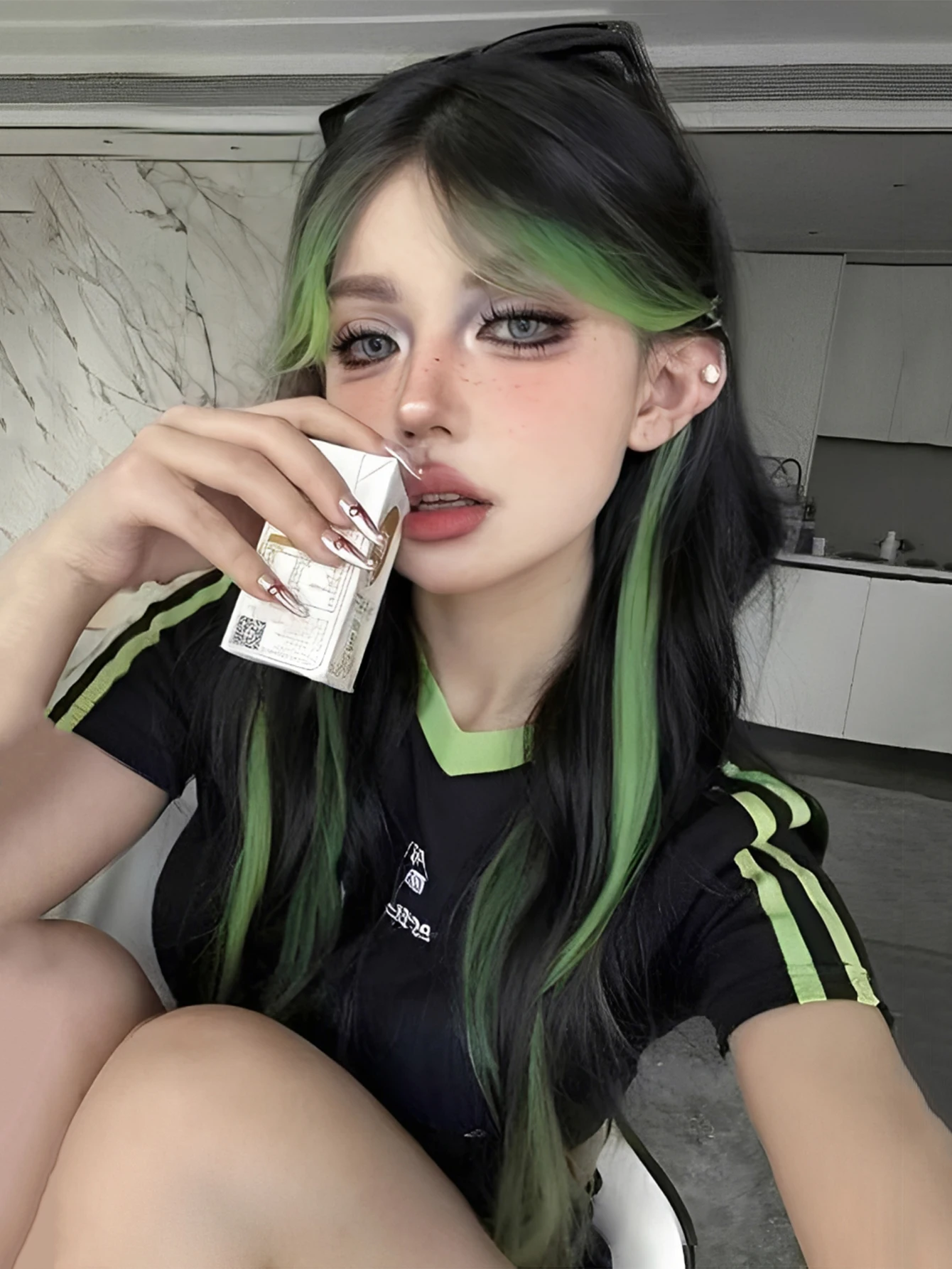 Black Green Synthetic Wig for Women Cosplay Party