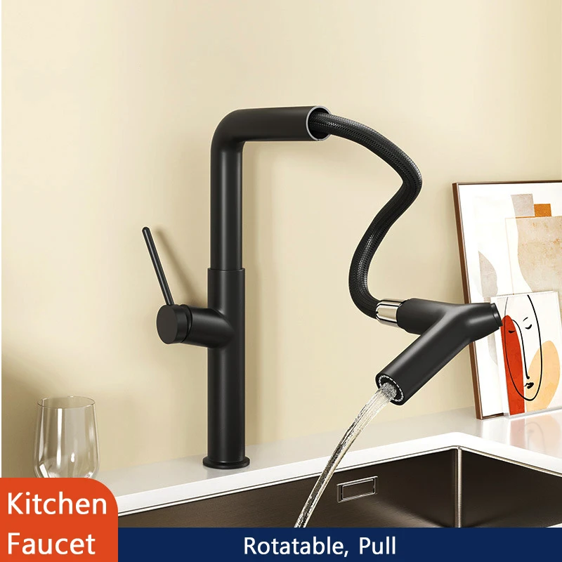 Black Kitchen Faucet Double Mode Nozzle Pull Out 360°Rotation Kitchen Sink Faucet Brass Mixer Water Tap with Water Saving Filter