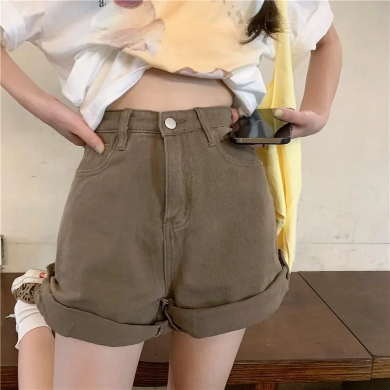 

Brown Cuffs Denim Shorts Women High Waist Ulzzang Vintage Jean Students Simple Korean Style A-Line All-match Streetwear Durikies