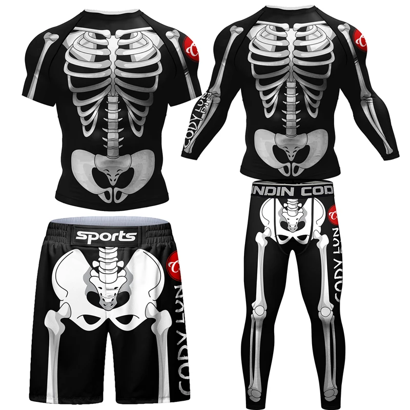 Skull Mma Compression T Shirts + Pants Rashguard Men Boxing Fightwear Thai MMA Kickboxing Shorts Grappling Dummy bjj Sport Shirts