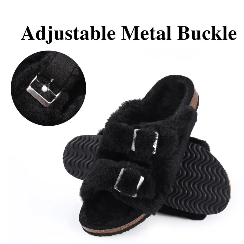 Women Fuzzy Slippers with Arch Support and Adjustable Buckles