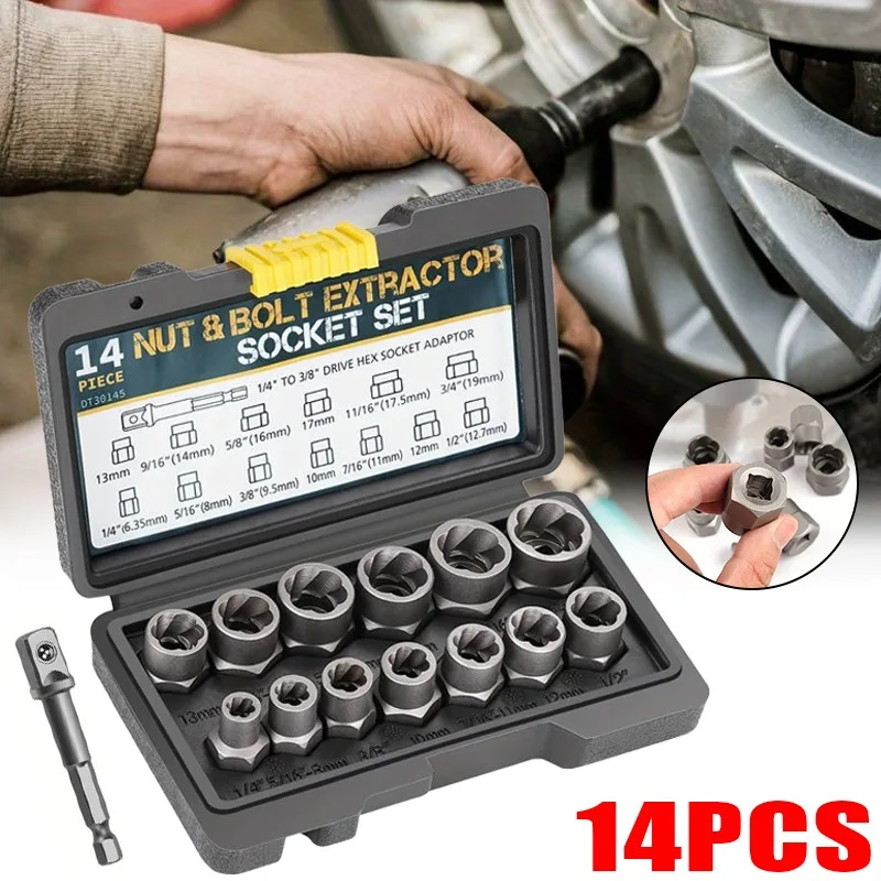 

14 Pieces Impact Bolt & Nut Remover Set Bolt Extractor Tool Set with Solid Storage Case High-carbon Steel Extractor Set