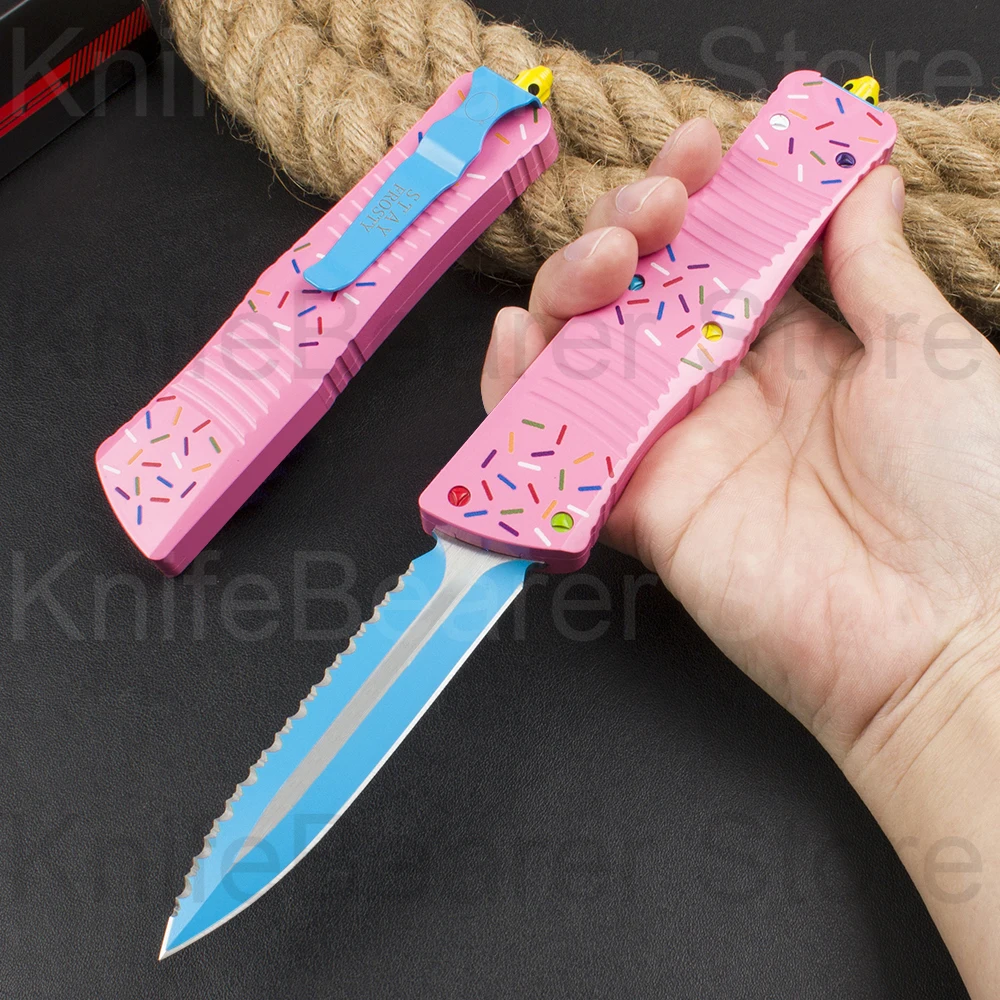 

Micro OTF Tech Knife Combat Troo Series D2 Steel SerratedEdge 59HRC Pink Aluminum Alloy Handle Outdoor Self Defense Pocket Knife