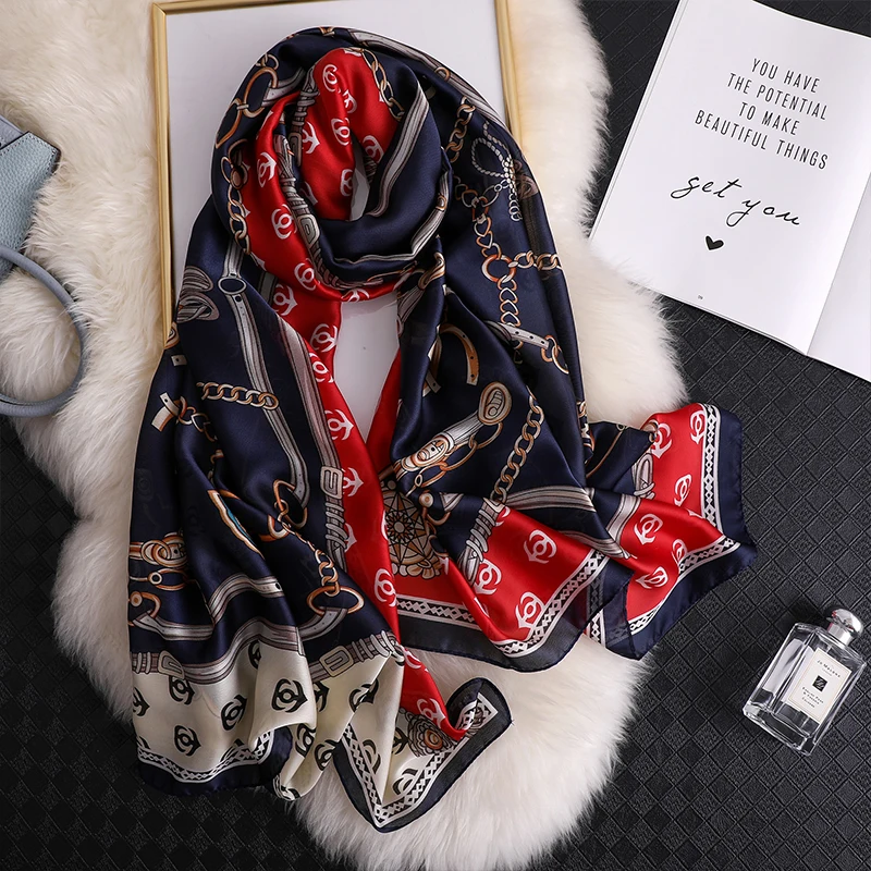 180X90CM Satin Shawls Autumn Colour Print Bandanna Korean Style Dustproof Silk Scarves Popular Sunscreen Beach Towel foulard 5