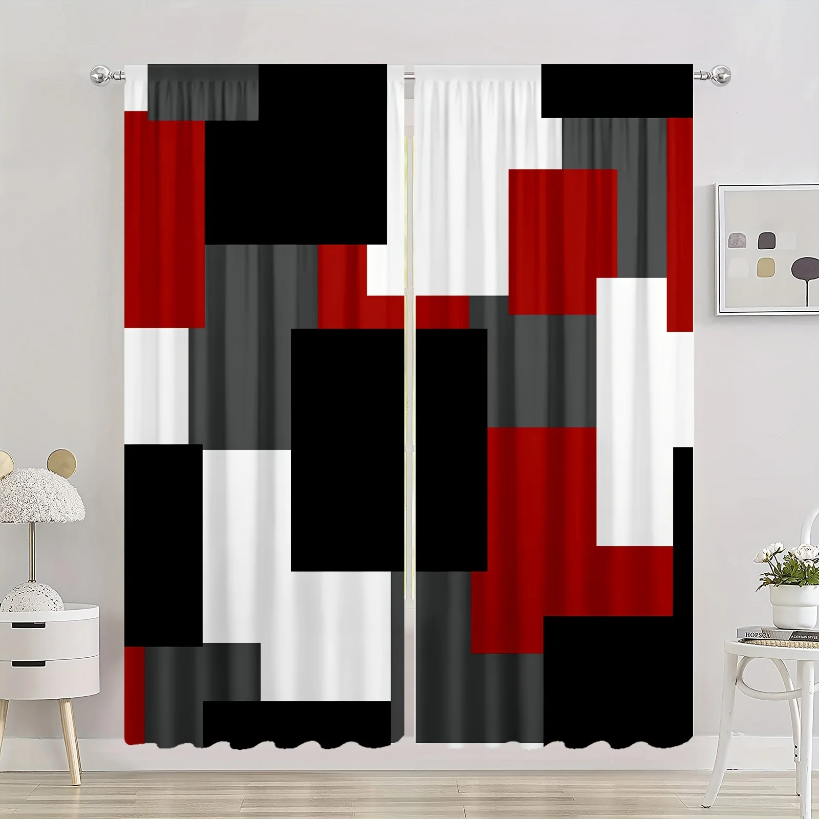 

2pcs HD Digital Printed Curtains Living Room Bedroom Rod Pocket Curtains Abstract Minimalist Plaid Effect Style Bedroom Study
