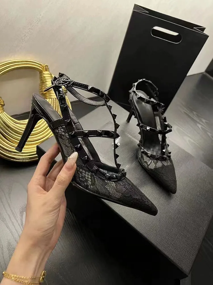 

Pointed Toe Studded Toe Sandals T-Strap Lace Sexy Backless High Heels Women Pumps Sandalias Mujer Verano Chaussure Femme