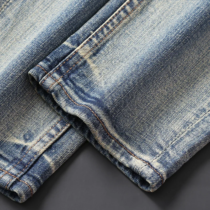 Fashion Designer Men Jeans Retro Washed Blue Elastic Slim Fit Ripped Jeans Men High Quality Trousers Vintage Denim Pants Hombre