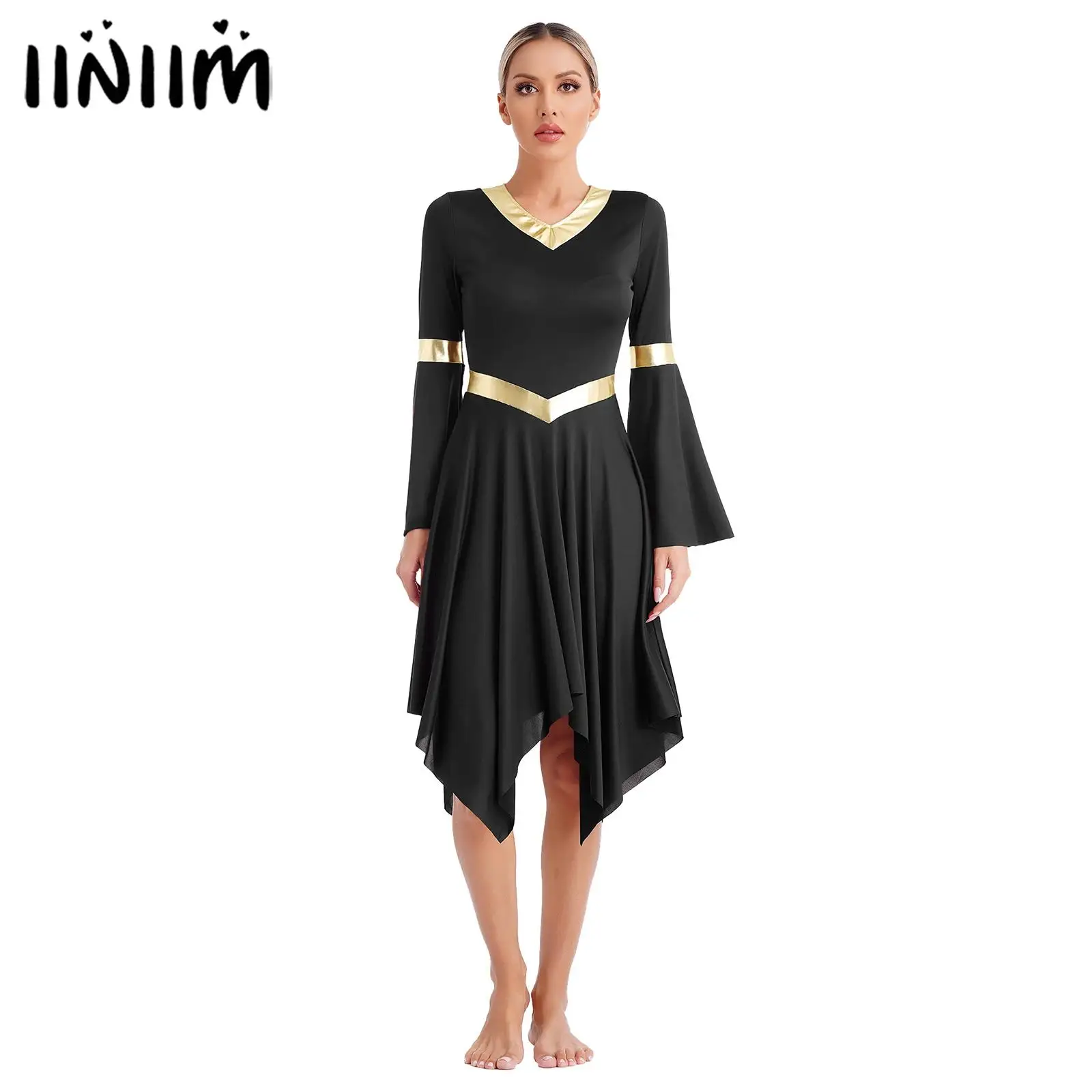 

Womens Long Sleeve Irregular Hem Ballet Lyrical Praise Dance Dress Metallic Liturgical Ceremony Dresses Church Worship Dancewear