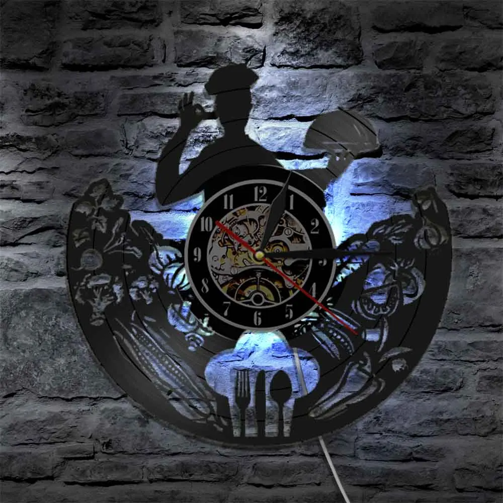 Chef Orologio Da Parete Ristorante Business Logo Decorazione Da Parete Utensili Da Cucina Cuoco Professionale Cucina Gourmet Cibo Orologio Da Record I